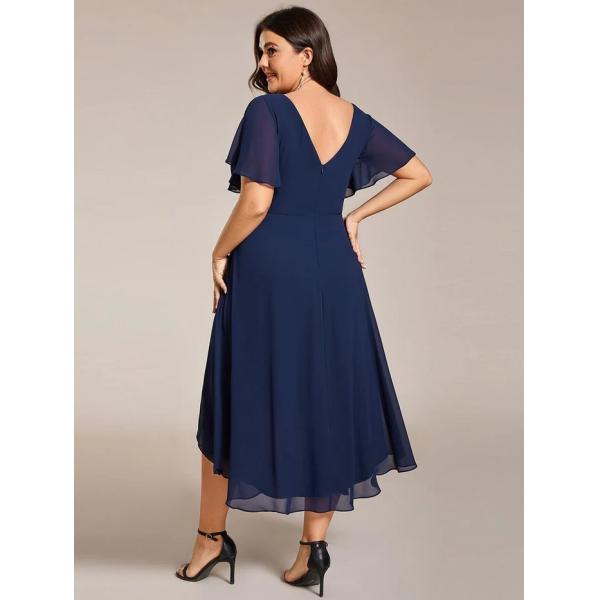 Empire Plus Size V-neck High-low A-line Short Sleeve Ruffled Navy Blue Chiffon Wedding Guest Bridesmaid Dress