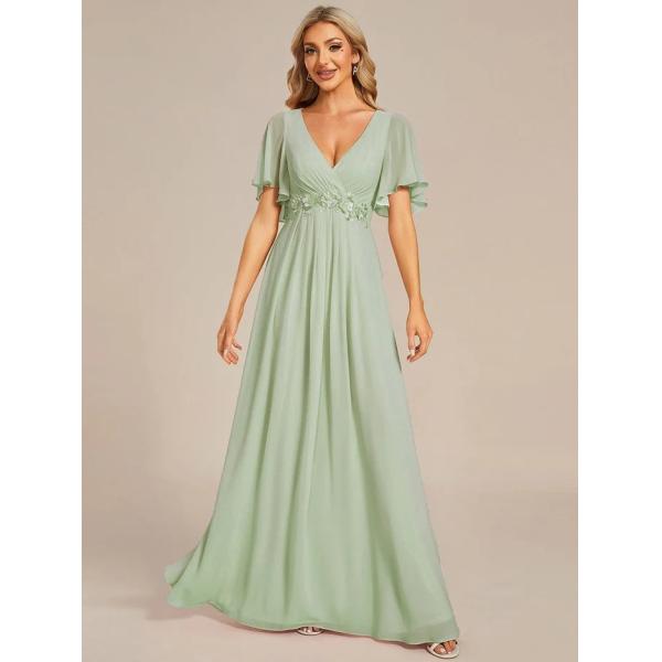 Charming Empire Applique A-line Short Flutter Sleeves V-neck Invisible Zipper Mint Green Chiffon Evening Dress