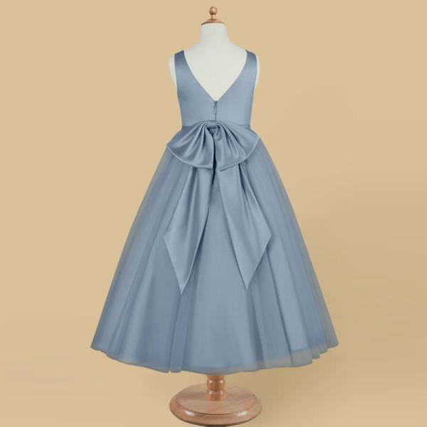New Design Blue Tulle Flower Girl Dress Children's Dresses Gown V-neck Customized Sleeveless