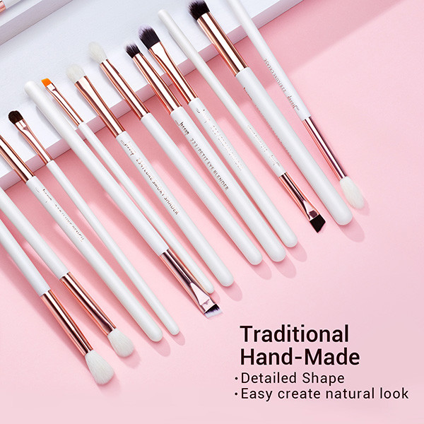 Jessup 15pcs Eye Makeup Brush Set Pearl White/Rose Gold Aluminium Ferrule T217