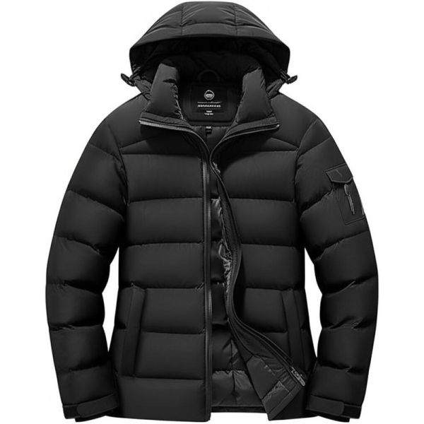 Buy Black Mens Down Coat with Windproof Technology and Functional Pockets at wholesale prices