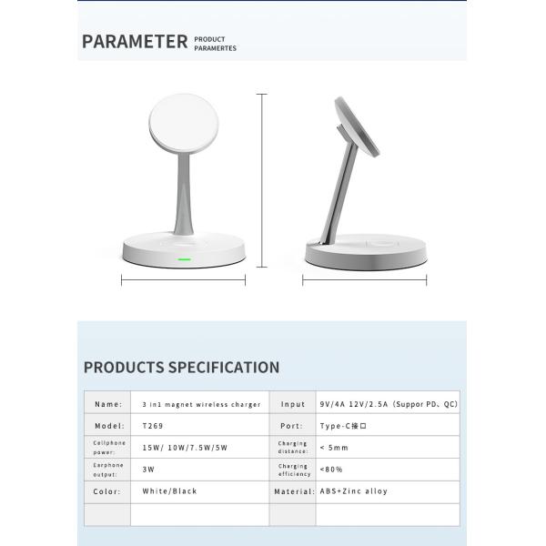 Zinc Alloy 3 In 1 Magnetic Wireless Charger Stand 15W Phone 3W Earphone Charging