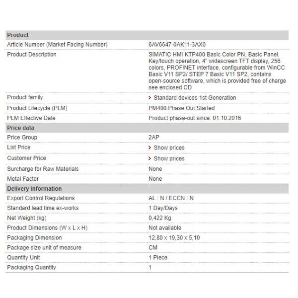 6AV6647-0AK11-3AX0 Siemens KTP400 Basic Color PN