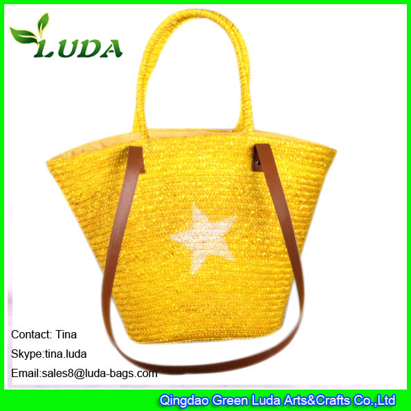 Buy LUDA eco-friendly green handbags white star wheat straw tote shopping bag at wholesale prices