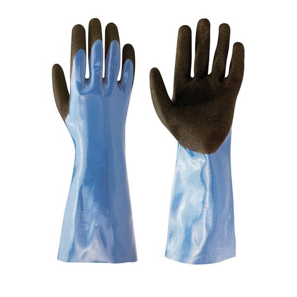 Buy Industry Used Blue Black Nitrile Double Coated Guantlets with Sandy Nitrile Palm Coating at wholesale prices