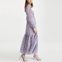 Ladies V Neck Floral Dress for Women Print Clothing Manufacturers Elegant Long Custom Logo Puff Sleeve Viscose Gown