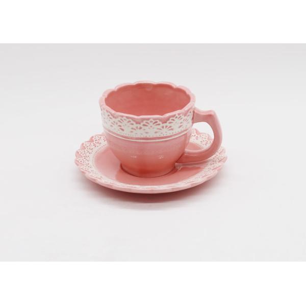 Buy Ceramic Tea Cup Set Pink and White Handmade Earthware Coffee Mug with Plate Coaster at wholesale prices