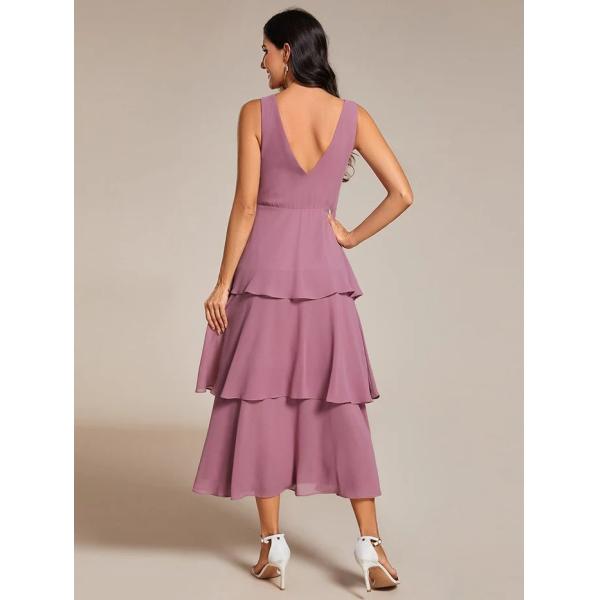 Multi-layered Hem V-neck Sleeveless A-line Purple Orchid Chiffon Wedding Guest Dress Graduation Dresses