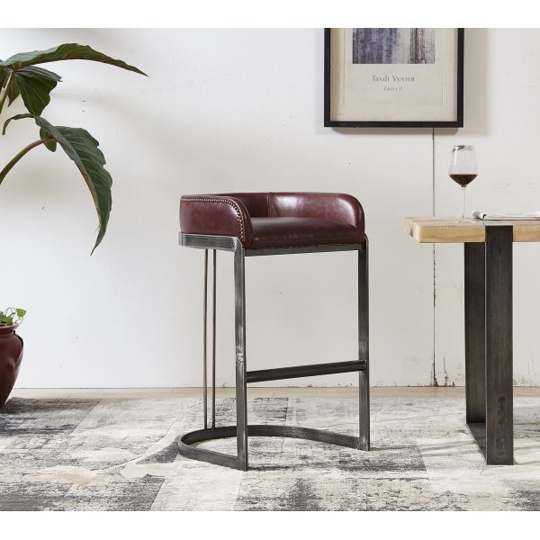 Buy Vintage Reddish Brown Leather Counter Height Stools Strong Iron Frame Old Finishing at wholesale prices