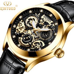 Gold Case Waterproof Mechanical Watch Durable Leather Wrist Watch