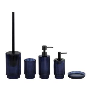 China Modern Blue Glass Bath Accessories Set Round Shape with Ribbed Vertical Stripe and Soap Dispenser/Toilet Brush Holder on sale