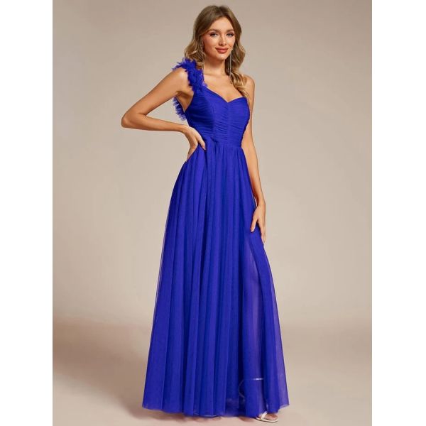 Exquisite One-shoulder Sweetheart Ruffled A-line Zipper Pleated High Slit Sapphire Blue Tulle Graduation Dress