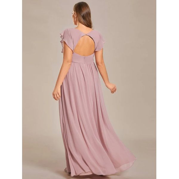 Empire Plus Size V-neck Open Back Ruffled A-line Cap Sleeves Dusty Navy Chiffon Evening Dress