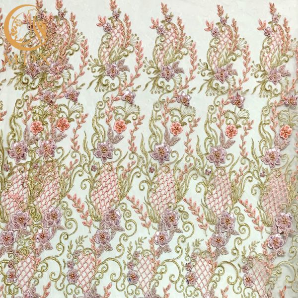 Buy Pink 3D Applique French Lace Fabric For Wedding Party at wholesale prices