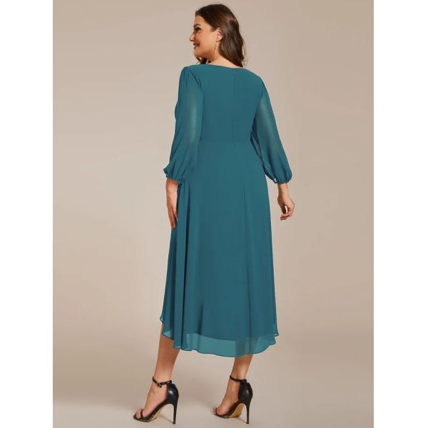 Plus Size Ruffled A-line Long Sleeve V-neck High Low Wedding Guest Teal Chiffon Evening Dress