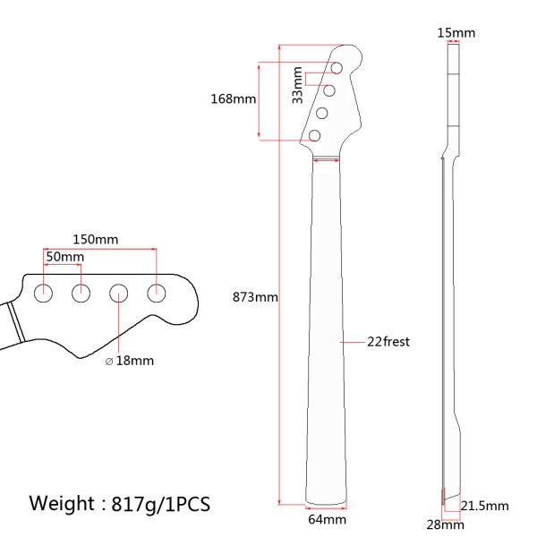 Length 873MM 5 String Bass Guitar Neck Fingerboard 21 Frets Headstock Adjustment