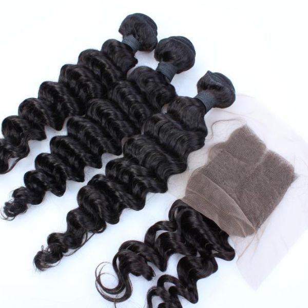 brazilian hair deep wave natural color virgin hair bundles with lace frontal closure