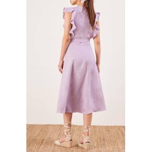 Clothing Fashion Women Ruffle Shoulder Midi Linen Dress Ladies