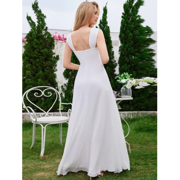 Empire High-waisted Sleeveless Cap Sleeve Square Neck Invisible Zipper White Chiffon Graduation Dress