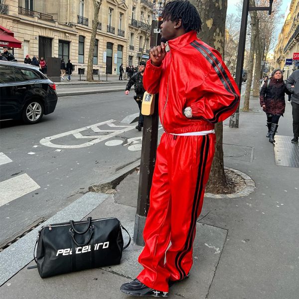 Clothing Manufacturers Custom Leather Tracksuit Zip up Cropped Waistband Streetwear Jacket and Baggy Stacked Sweatpants Set