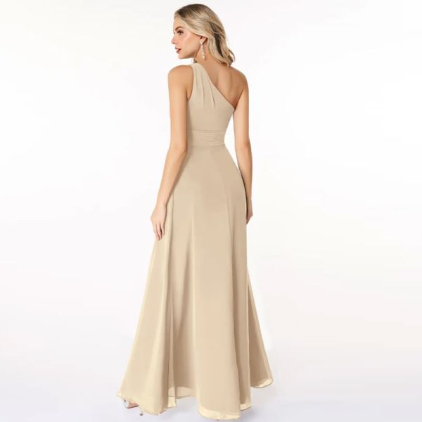 Popular A-Line One-Shoulder Chiffon Floor-Length Bridesmaid Dress Champagne Sleeveless Side Zip Pleated