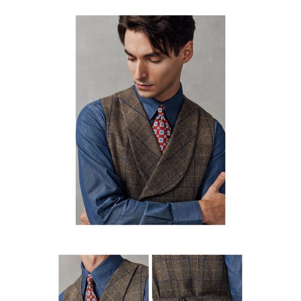 Spring Gentleman Brown Tweed Wool Silk Men's Vest with Double-Breasted Regular Length