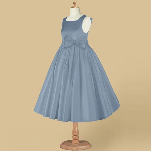Wholesale Girl Kids Dress Blue Satin OEM ODM Baby Flower Girl Dresses Clothing Custom-made Size Knee-length Ruffles Ball