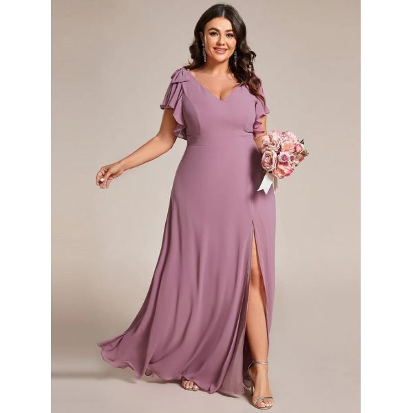 Empire Plus Size Zipper V-neck High Split A-line Short Sleeve Purple Orchid Chiffon Bridesmaid Dress With Ribbon Bow