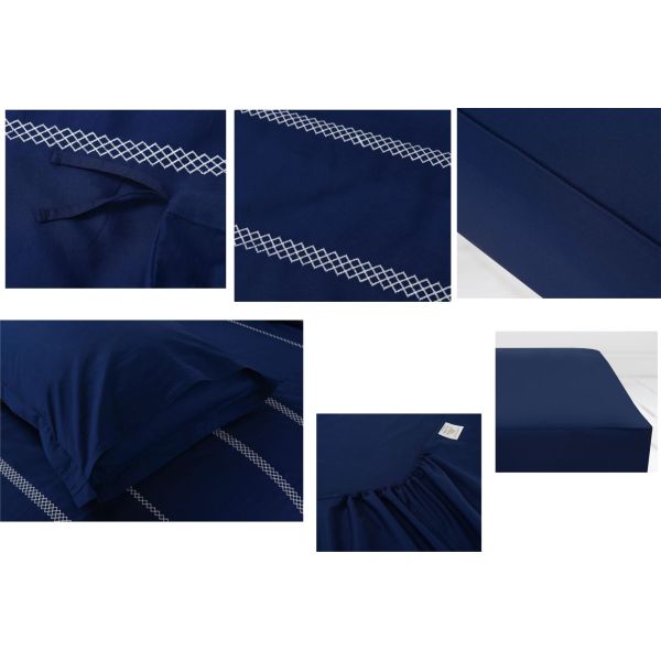4Pcs Blue Bedding Sets , 100% Cotton Diamond Embroidered Navy Simple Bedding Sets