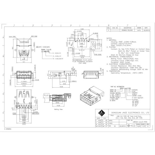 CH1.54mm PA9T Black DIP USB Connector Micro 5 Pin A Female 90 Degrees RVS