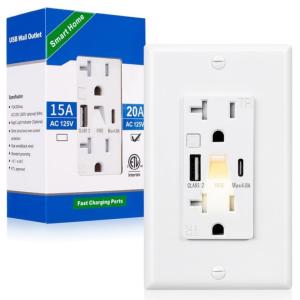 China Wall Mounted Night Light USB Outlet 20A 2700K Tamper Resistant on sale