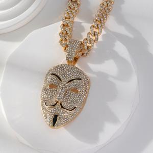 Fashion Hip Hop Big Rhinestone Mask Pendant Necklace Hiphop 11mm Cuban Link