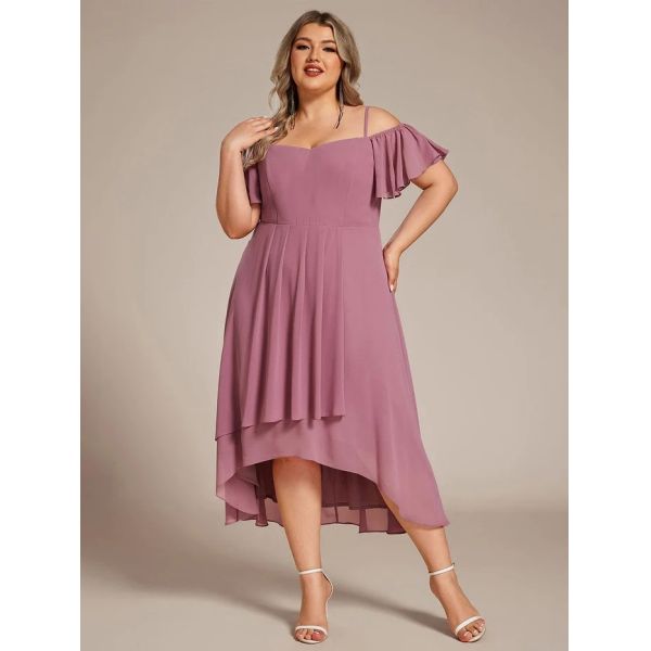 Empire Off-shoulder Spaghetti Strap Zipper High-low Wedding Guest Short Sleeves Purple Orchid Chiffon Homecoming Dress