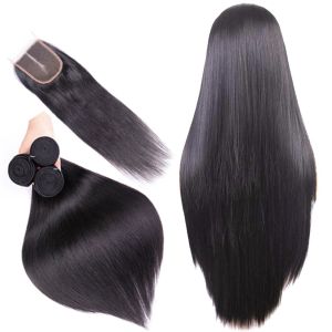 Silky Straight Remy Indian Human Hair Weave Bundles With Closure