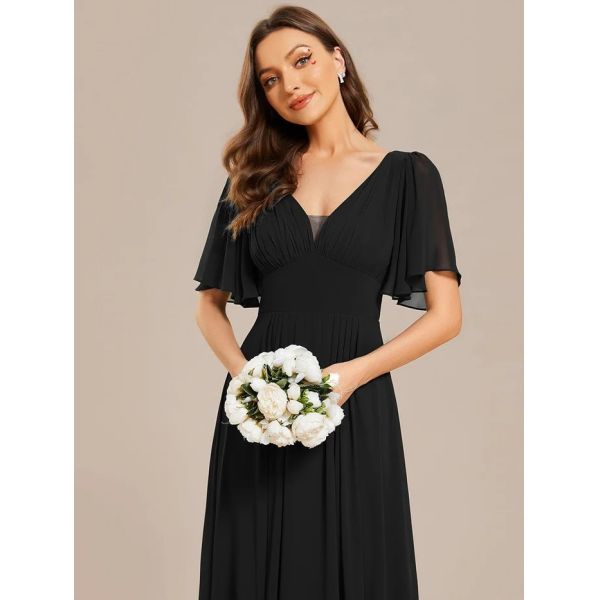 Simple V-neck Zipper Short Sleeves Empire Waist A-line Maxi Ruffled Black Chiffon Evening Dress
