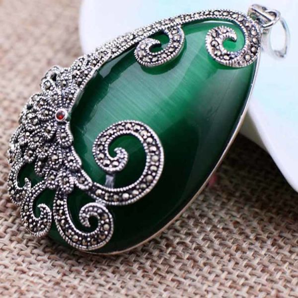 925 Silver Drop Shape Green Opal Marcasite Retro Pendant Necklace (N20180410GREEN)
