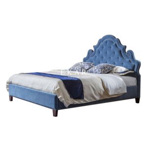 Contemporary Wood Blue Velvet Fabric Double Bed