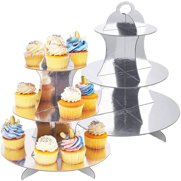 Buy 3 Tier Silver Dessert Round Tower Cardboard Cupcake Stand at wholesale prices