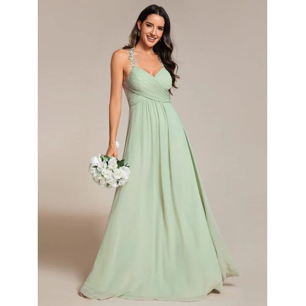 Empire A-line Backless Floral Halter Neck V-neck Pleated Cut-out Back Zipper Mint Green Chiffon Bridesmaid Dress
