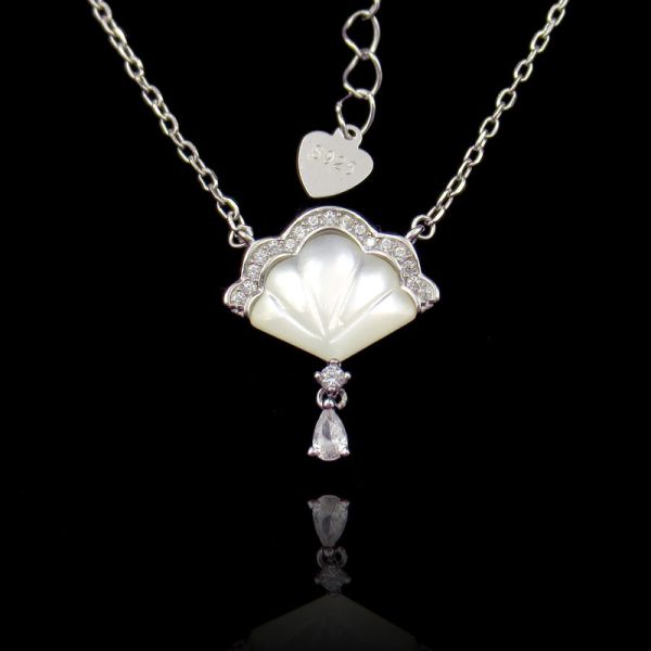 Buy Fan Shaped Silver Cubic Zirconia Necklace With Natural Shell at wholesale prices