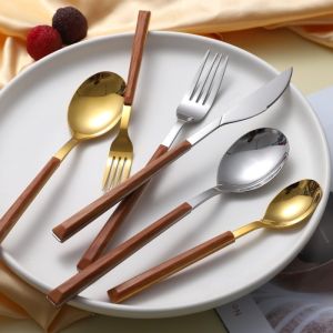 Kitchen Flatware Sets 5PCS Wooden Handle Mirror Polishing Dinner Set Fork Knife