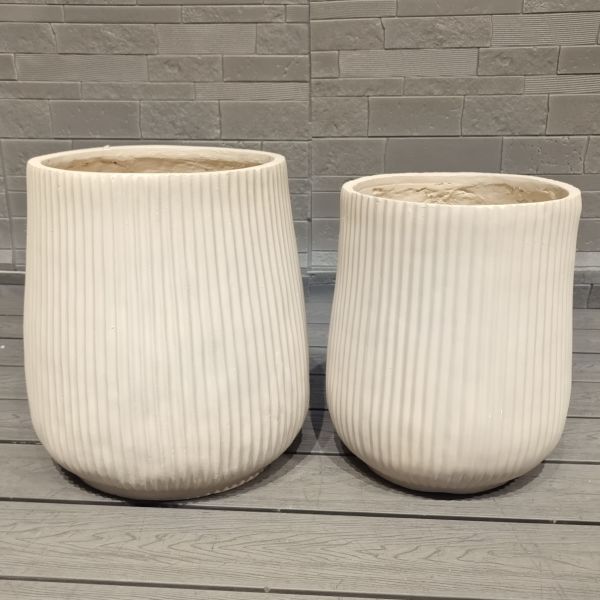 Contemporary Look Neutral Beige Repetitive Linear Texture Design Round Fiber Clay Planter