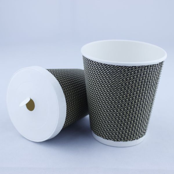 Printed Coffee Ripple Paper Cup With Lid Disposable Single Wall 360ml