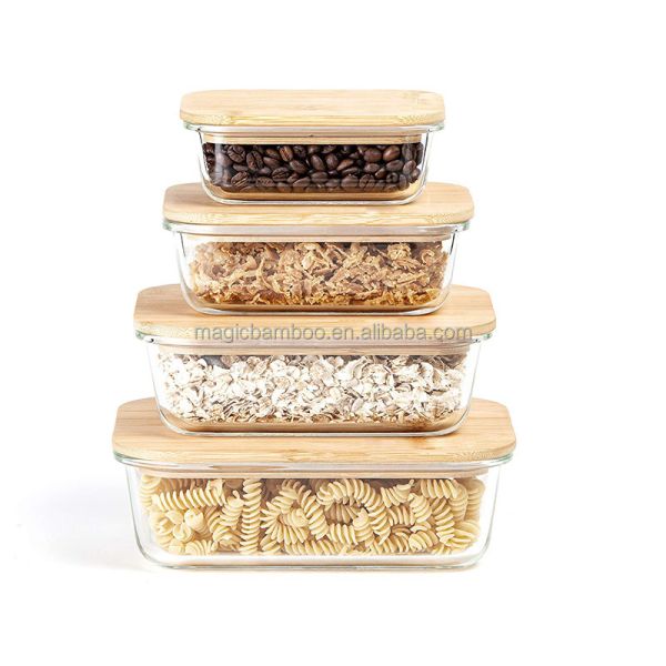 Kitchen Square Glass Jar Lunch Box Container With Bamboo Lid Customizable and Durable