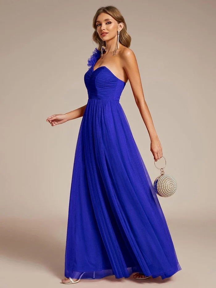 Exquisite One-shoulder Sweetheart Ruffled A-line Zipper Pleated High Slit Sapphire Blue Tulle Graduation Dress