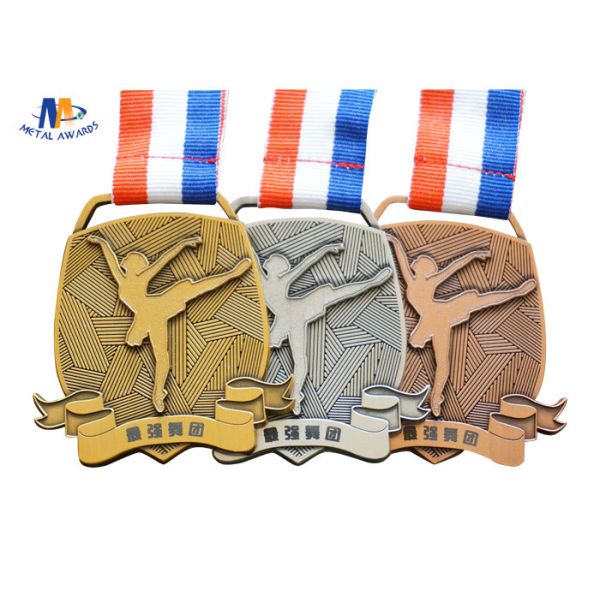 Antique Finishing Stock Medals 3D Effect With Dancing Girl Woven Ribbon