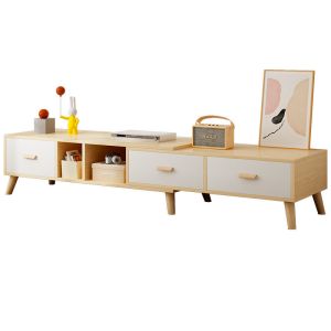 Extendable Veneer TV Console Cabinet Long Media Console 3 Drawers Simple Style
