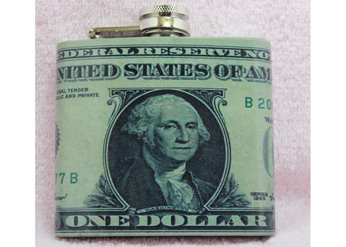 Classic 5oz Hip Flask Leather , Spray Painted Dollar Liquor Pocket Container