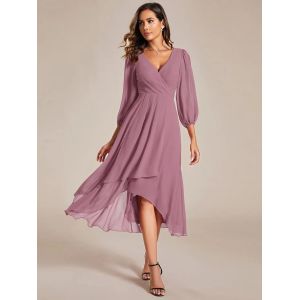 Ruffled A-line Long Sleeve V-neck High-low Wedding Guest Pink Chiffon Prom Dress