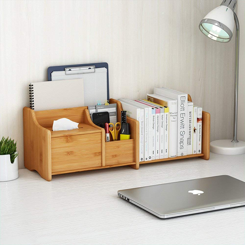Adjustable Bookend Bamboo Storage Box for Office Organization 30-56.4 x18.54x18.03cm